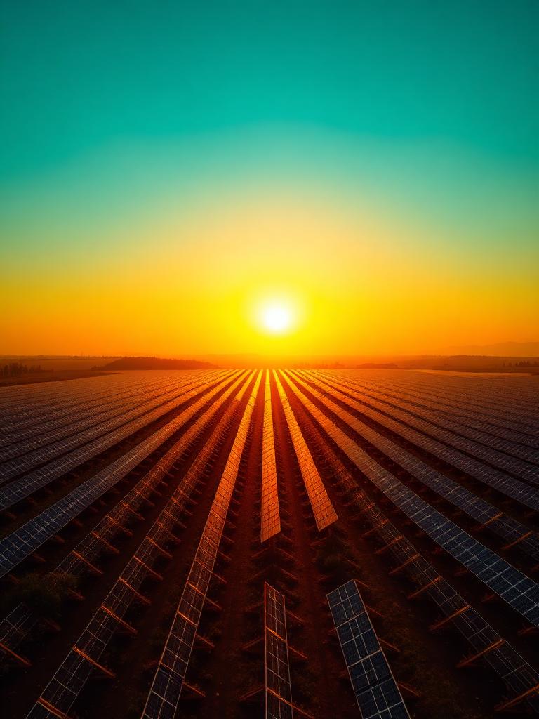 Solar panel field at sunrise