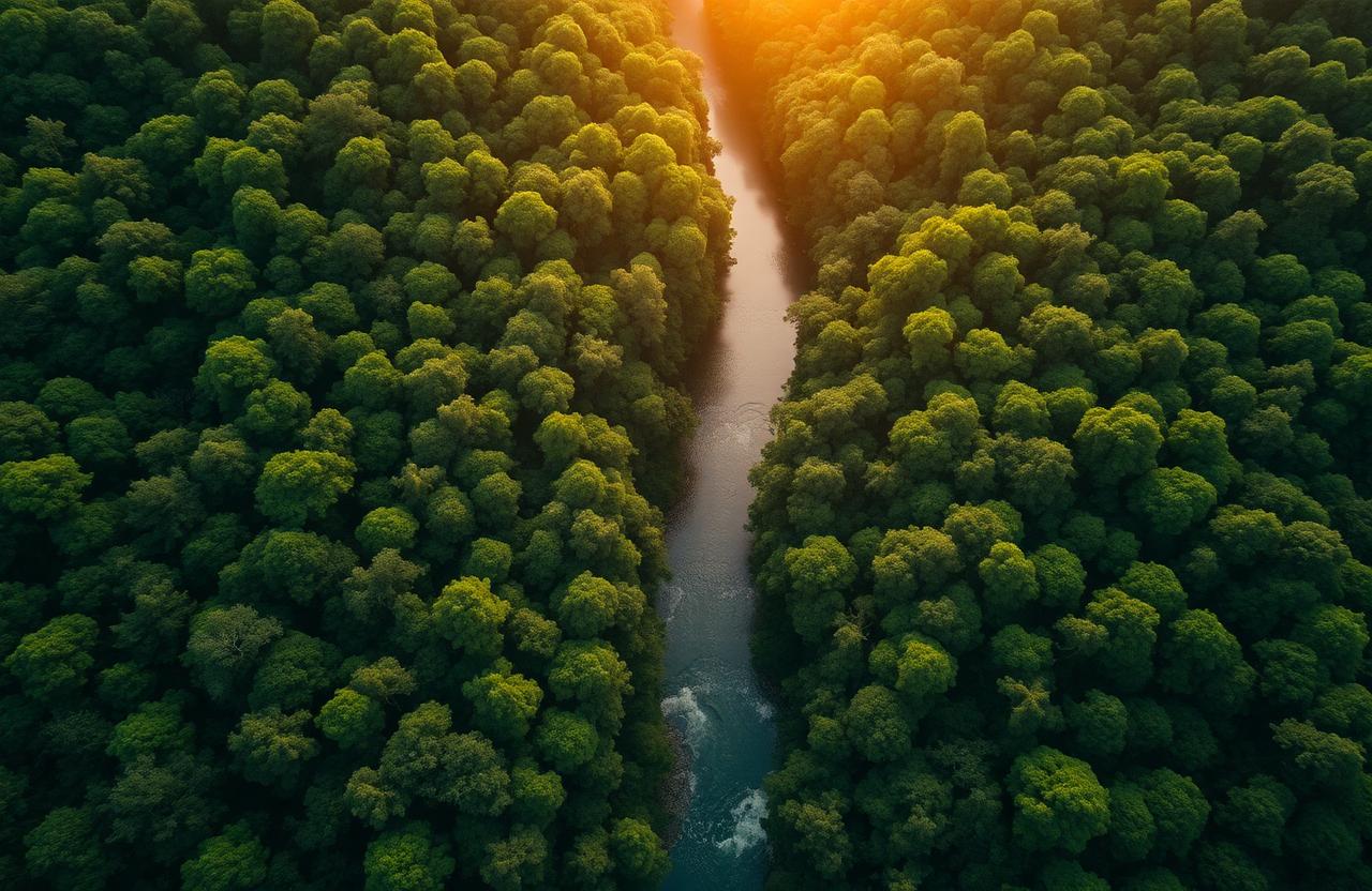 Aerial view of dense forest with a winding river